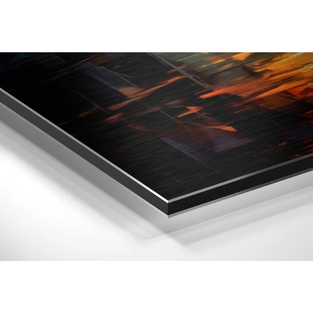 Sleek black acrylic brushed aluminium dibond print with fiery orange cityscape