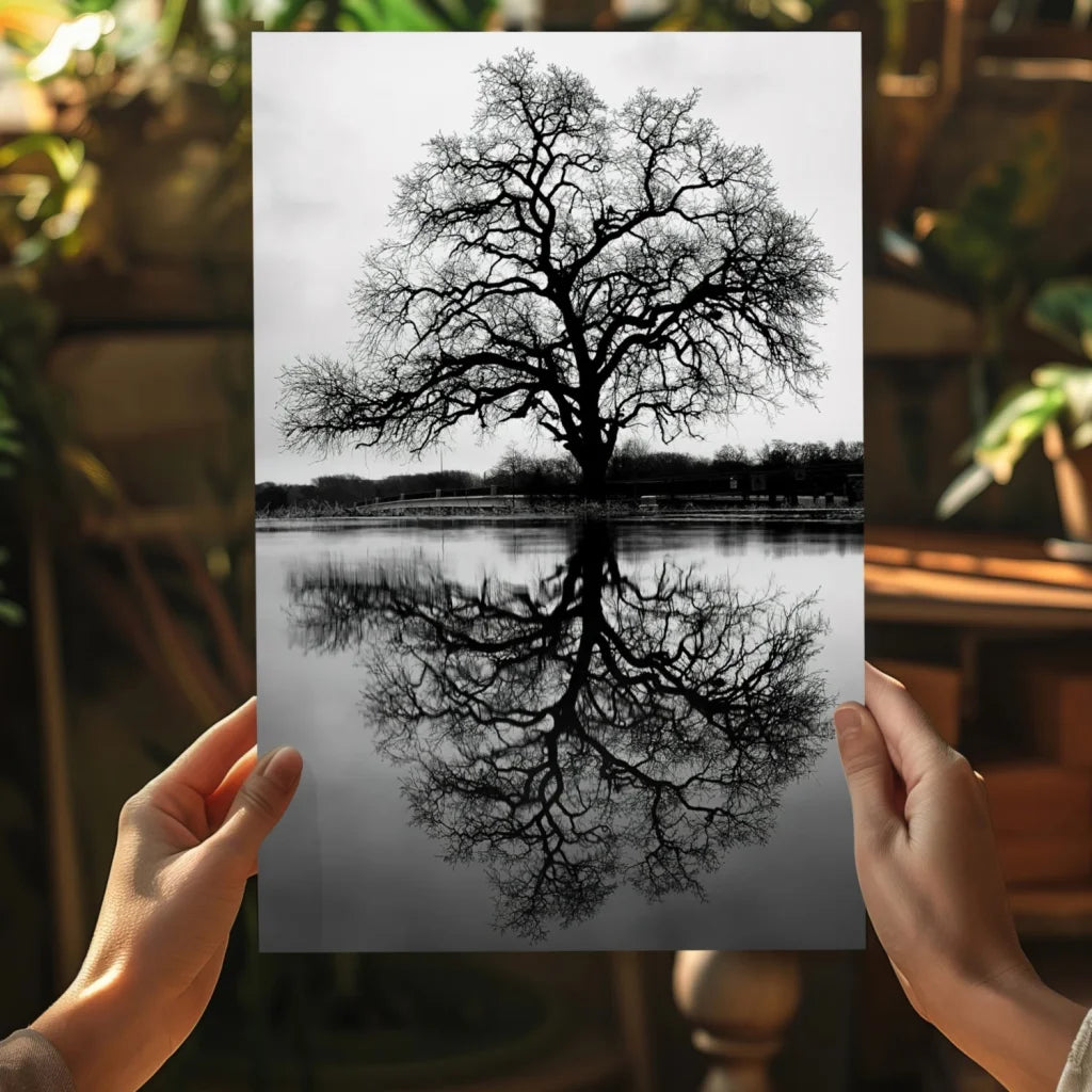 Stark black-and-white tree reflection on Insigne Aluminum Prints