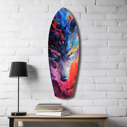 Vibrant abstract wolf tempered glass art on surfboard canvas