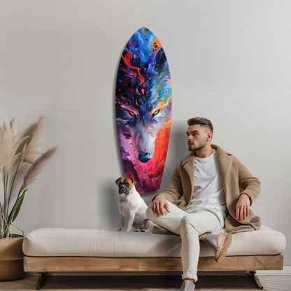 Vibrant abstract wolf tempered glass art on surfboard canvas
