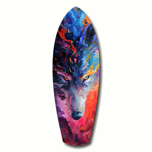 Vibrant wolf tempered glass art on surfboard with swirling colors