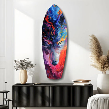 Vibrant abstract wolf tempered glass art on surfboard canvas