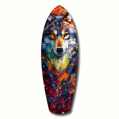 Vibrant wolf tempered glass art surfboard with size comparison