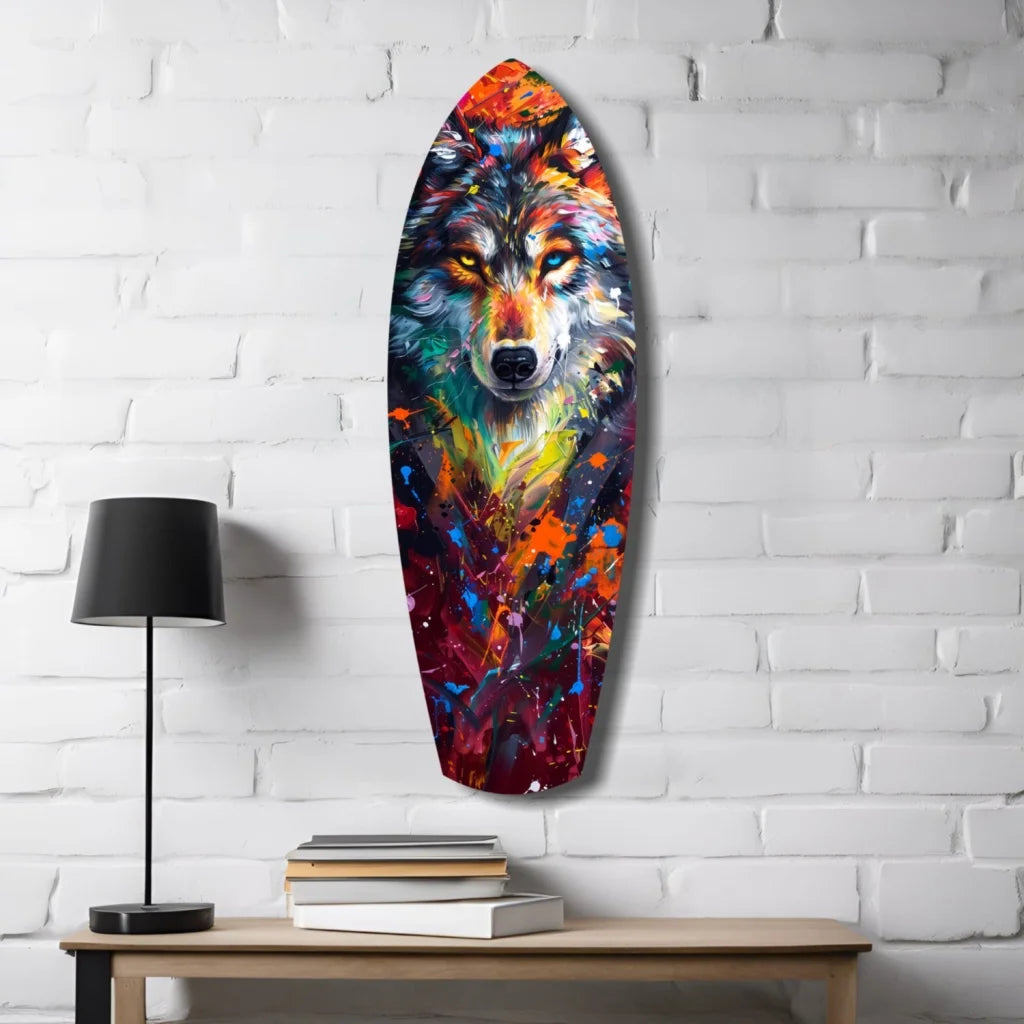 Vibrant abstract wolf tempered glass art on surfboard plaque with size comparison