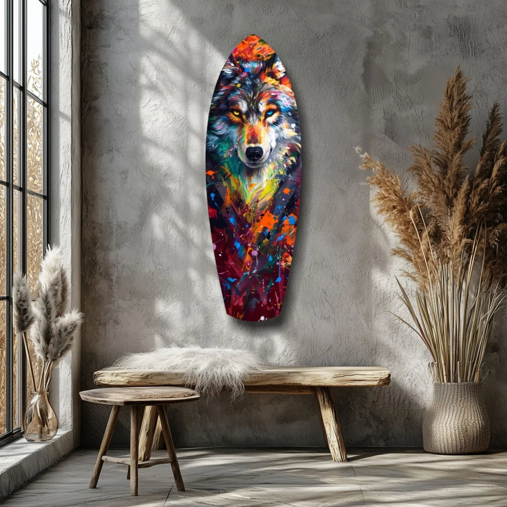 Vibrant abstract wolf glass art on surfboard canvas with size comparison