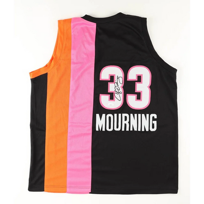 Black orange pink Alonzo Mourning signed custom Miami jersey with number 33 XL JSA