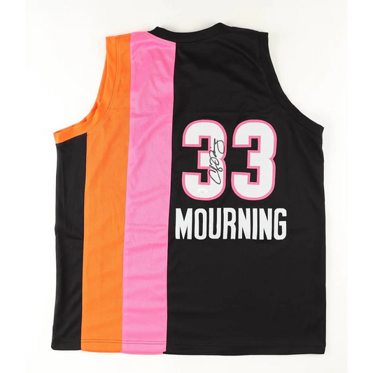 Black orange pink Alonzo Mourning signed custom Miami jersey with number 33 XL JSA