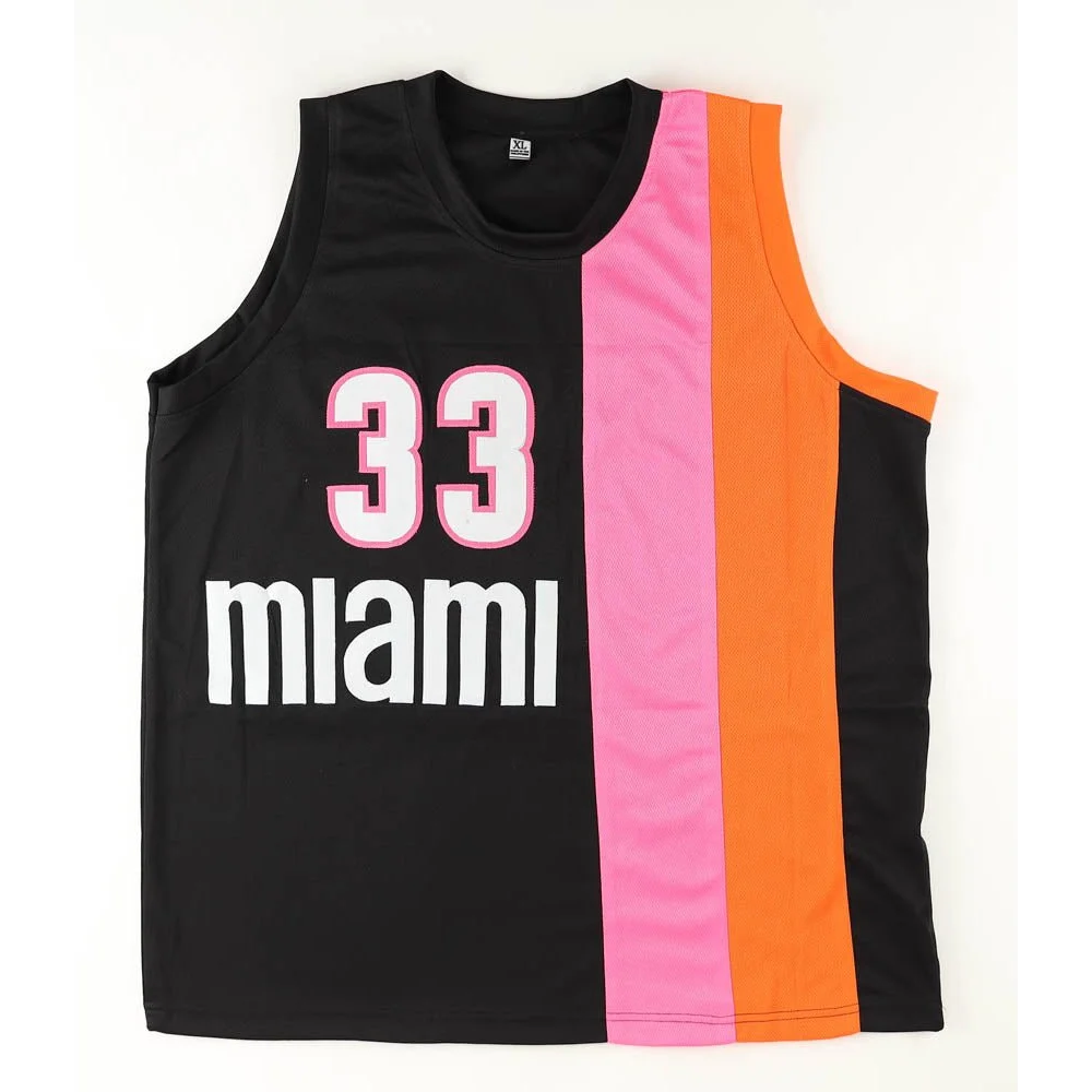 Alonzo Mourning signed custom Miami basketball jersey with black pink orange split panels