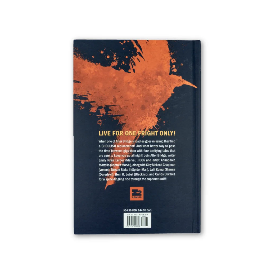 Alt text for Alter Bridge Graphic Novel by Clay McLeod Chapman with dark blue cover and orange bird design featuring Clay McLeod Chapman, Annapaola Martello, and Emily Ryan Lerner