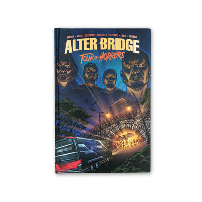 Alter Bridge graphic novel cover with band and tour bus crossing a monstrous bridge