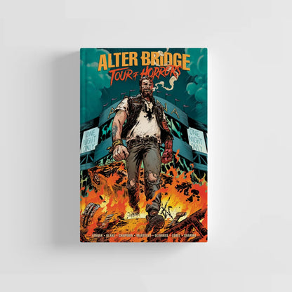 Alter Bridge Last Hero Deluxe Graphic Novel Box Set comic with fiery dark cover featuring man