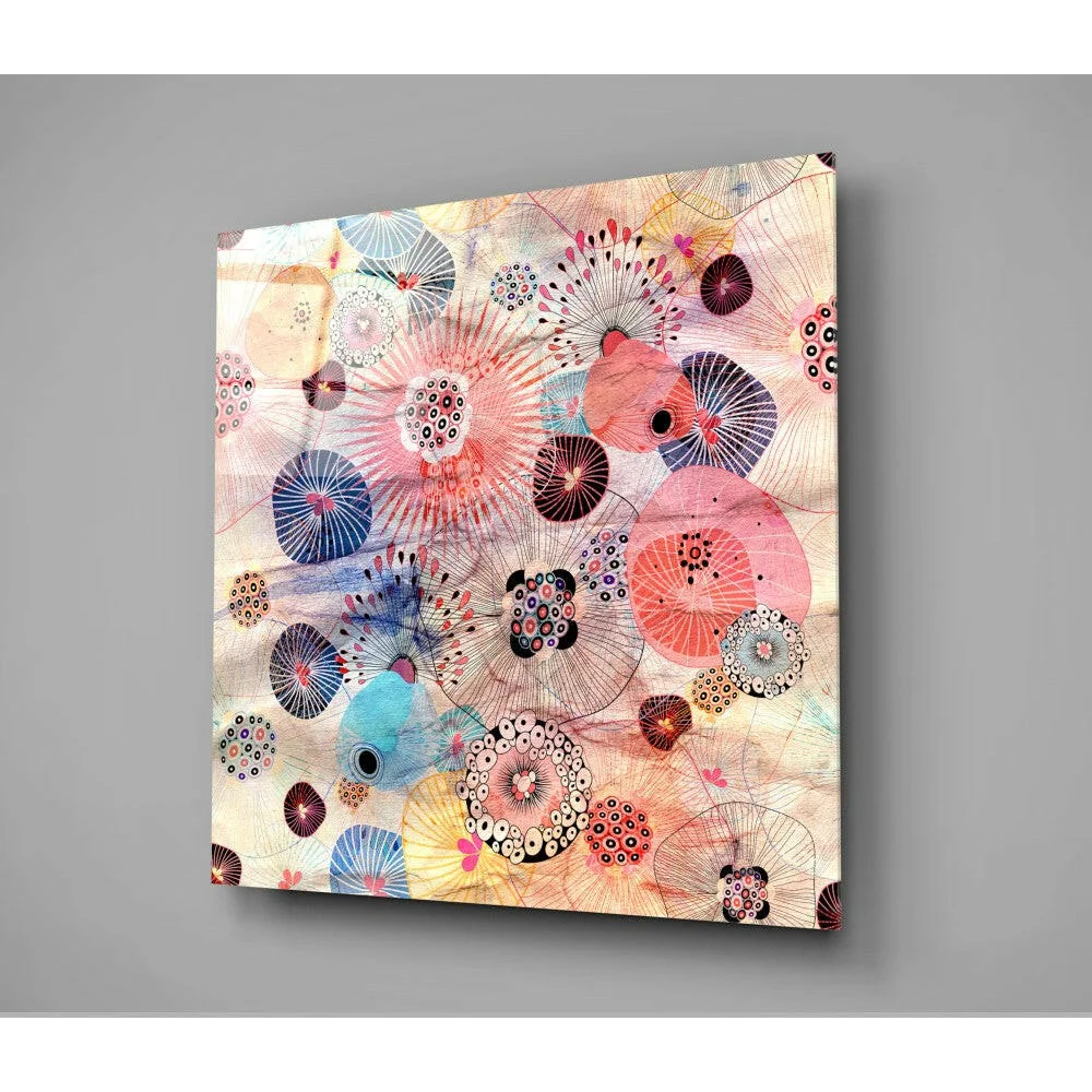 Vibrant abstract floral glass wall art with colorful stylized fish