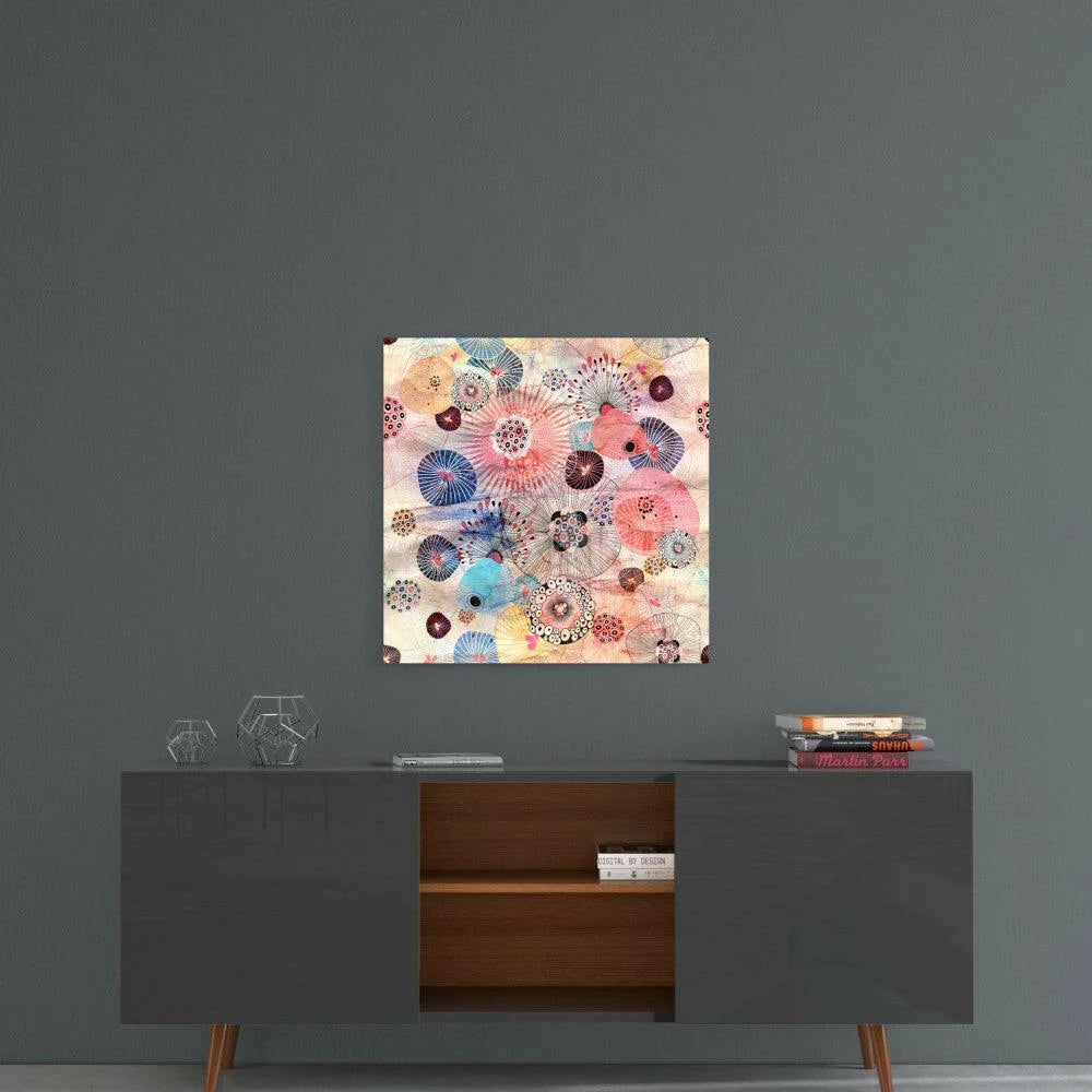 Vibrant abstract floral glass wall art canvas with colorful paper fans