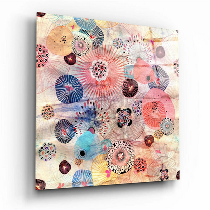 Vibrant abstract floral glass wall art canvas with pink, blue, orange motifs on beige