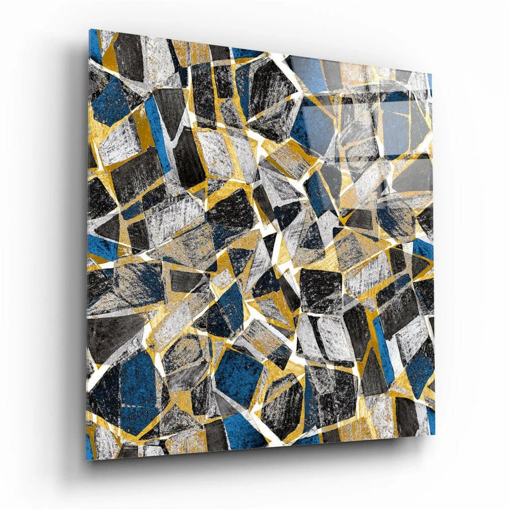 Abstract geometric glass wall art with bold black, blue, gold, silver mosaic shapes
