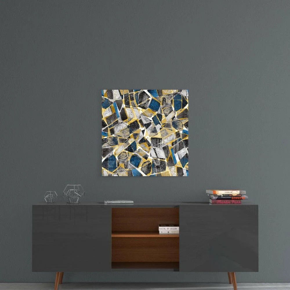 Abstract blue gold black mosaic glass wall art print