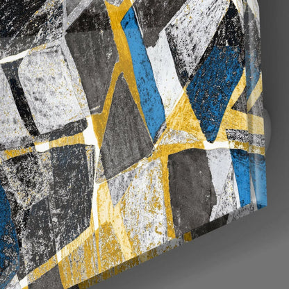 Stunning glass wall art with abstract geometric mosaic in black, white, blue, gold