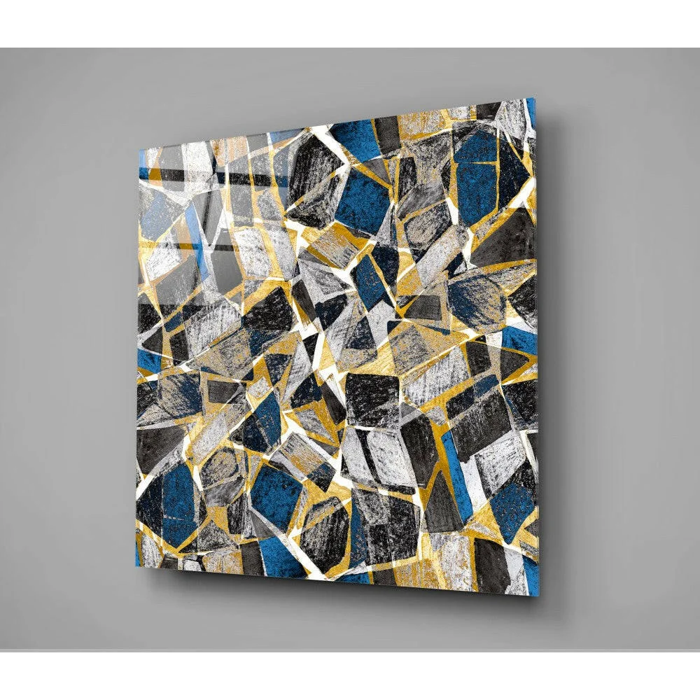 Abstract glass wall art with bold black, navy, gold, silver mosaic shapes