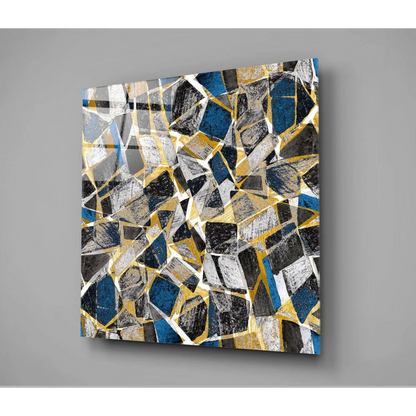 Abstract glass wall art with bold black, navy, gold, silver mosaic shapes