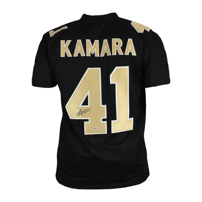 Alvin Kamara autographed black custom jersey with gold 41 and Kamara name
