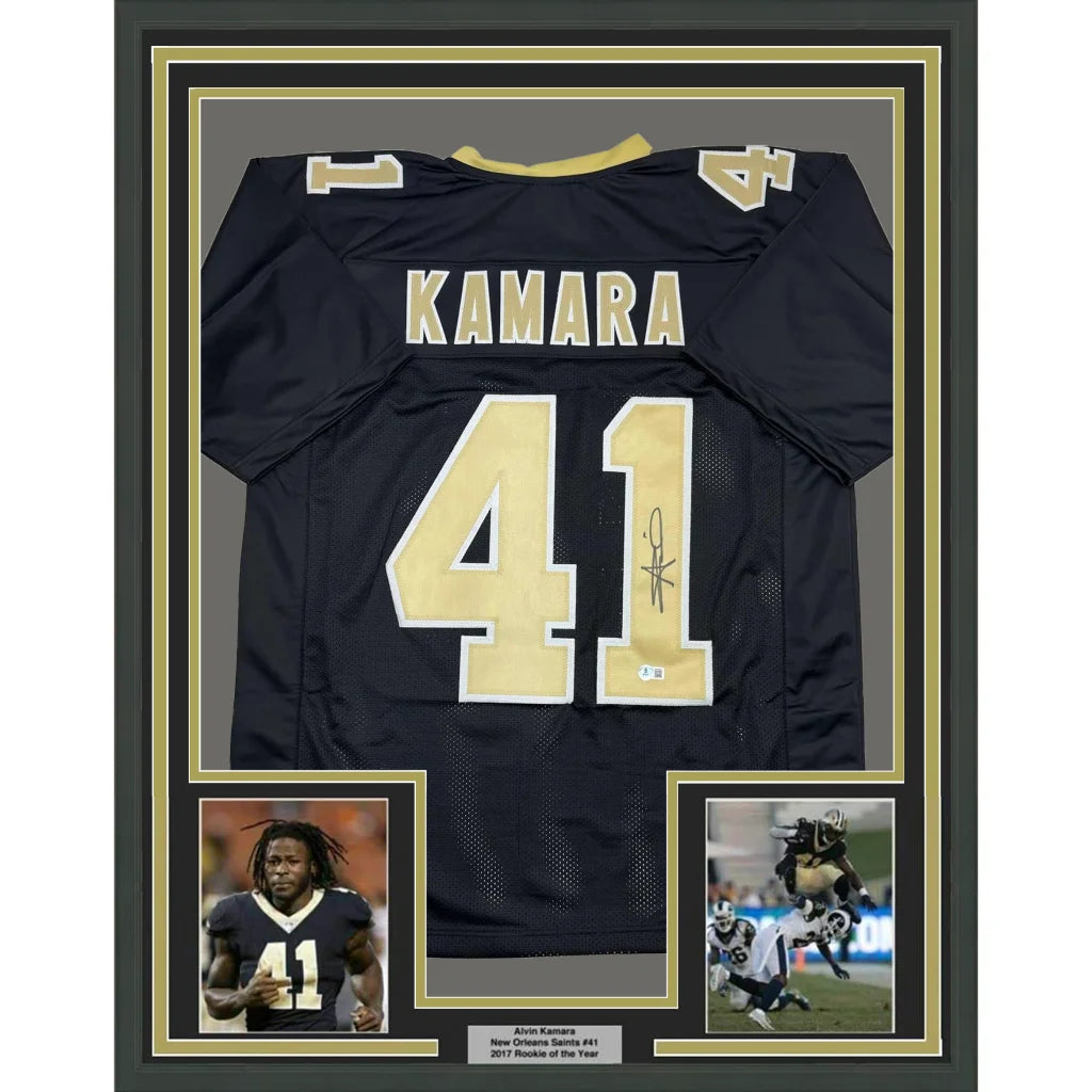 Framed signed Alvin Kamara Saints jersey with photos and plaque for man cave decor