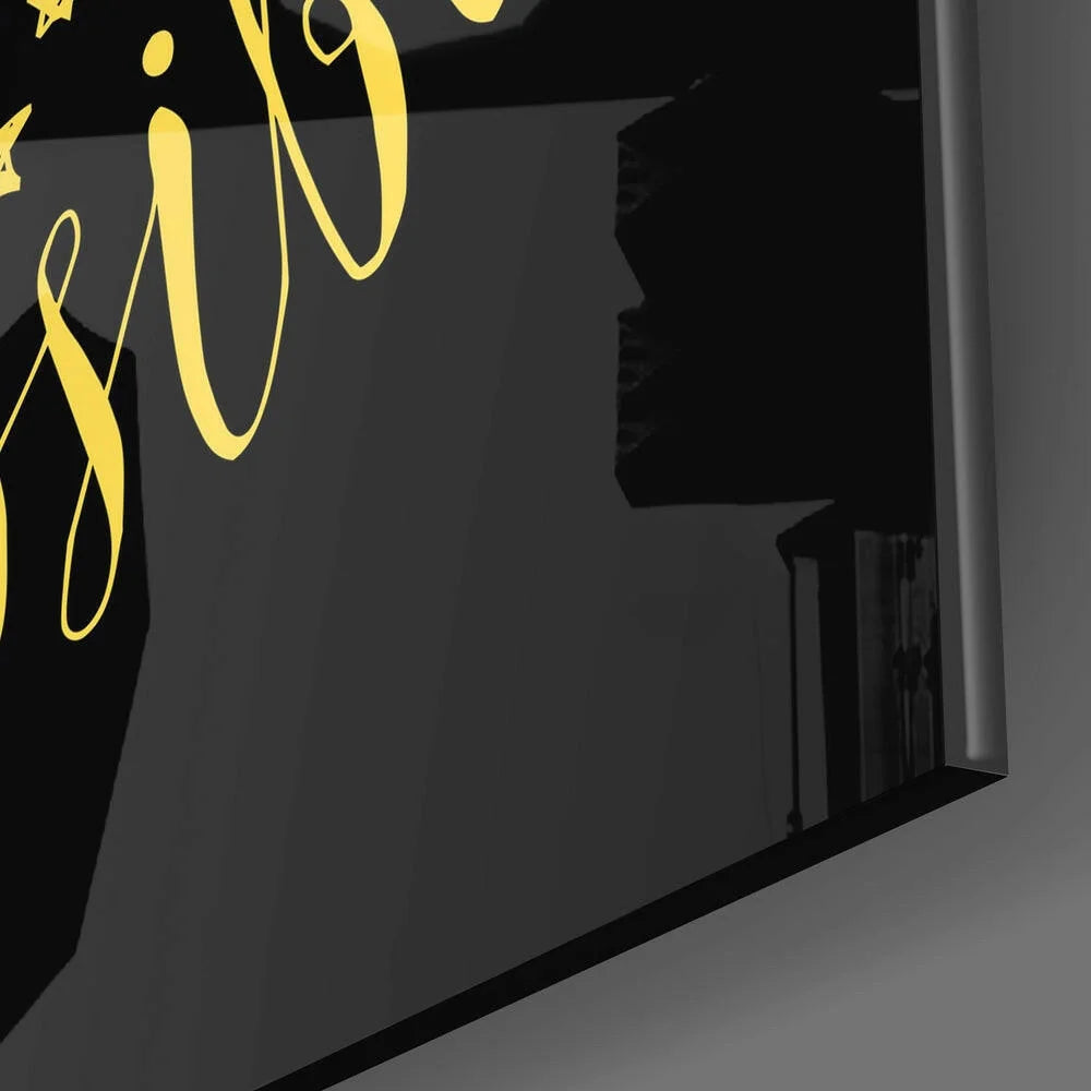 Stunning black glass wall art with gold cursive quote