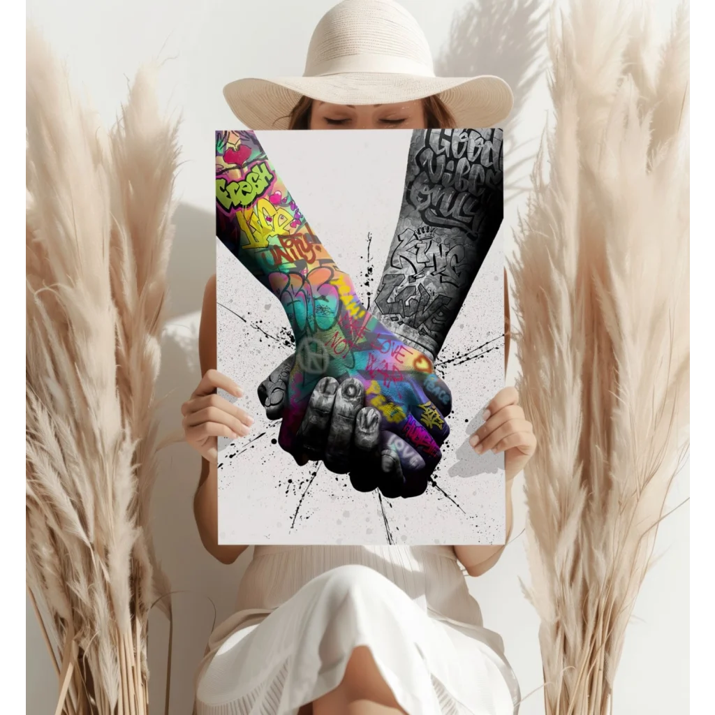 Vibrant graffiti hands unity insigne aluminum print in rainbow and black-white