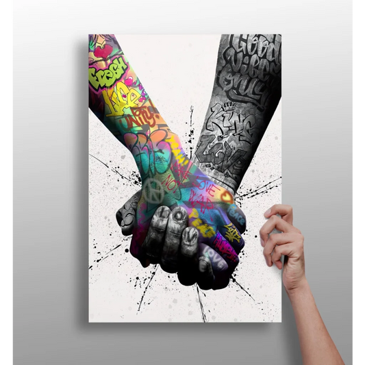 Vibrant graffiti hands clasping in unity on insigne aluminum prints