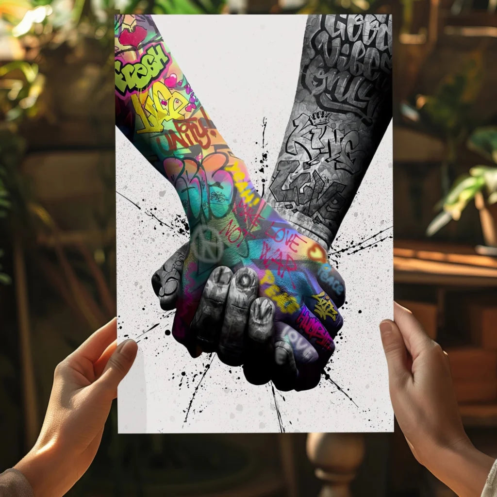 Vibrant graffiti hands unity insigne aluminum print with interlocked colorful designs