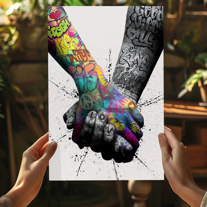 Vibrant graffiti hands unity insigne aluminum print with interlocked colorful designs