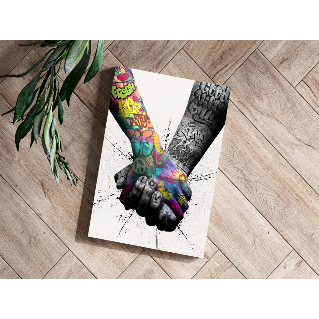 Vibrant graffiti hands clasped on white canvas in Insigne aluminum prints
