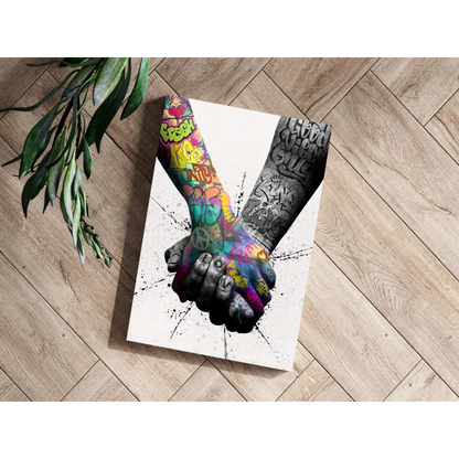 Vibrant graffiti hands clasped on white canvas in Insigne aluminum prints