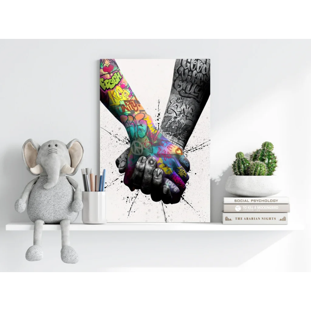Vibrant graffiti hands holding in unity on insigne aluminum prints