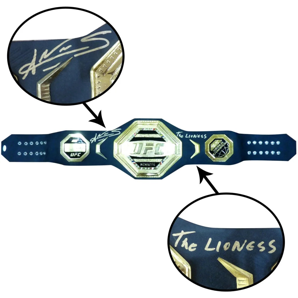 Amanda Nunes autographed UFC world champion belt with The Lioness inscription