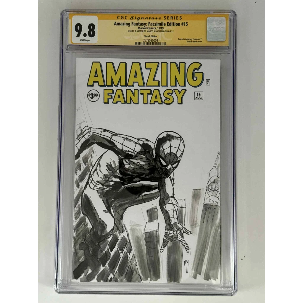 Black and white Spider-Man exclusive sketch in Amazing Fantasy yellow label CGC 9.8 slab