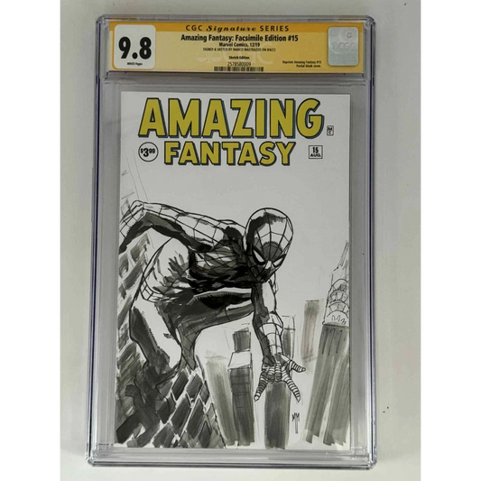 Black and white Spider-Man exclusive sketch in Amazing Fantasy yellow label CGC 9.8 slab