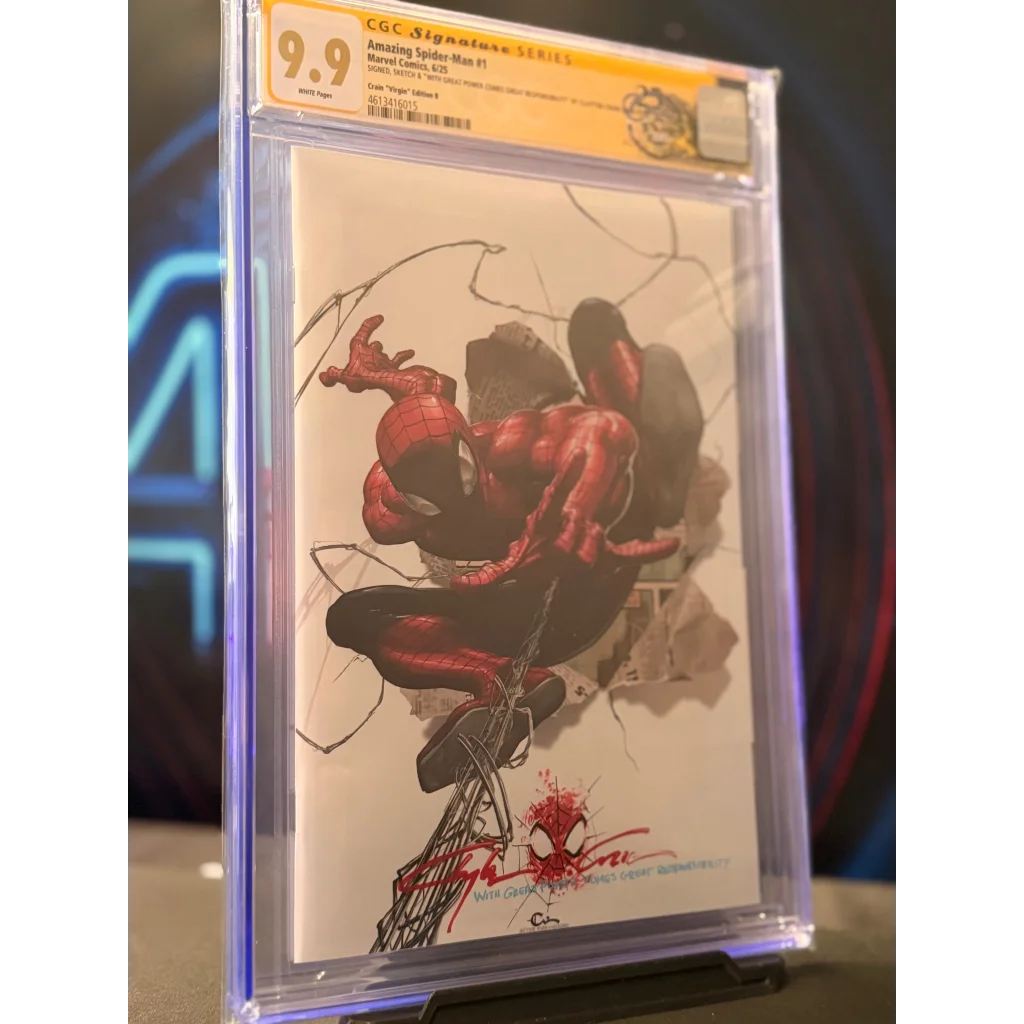 Amazing Spider-Man #1 comic featuring red and black Spider-Man encased in a clear protective CGC signature slab