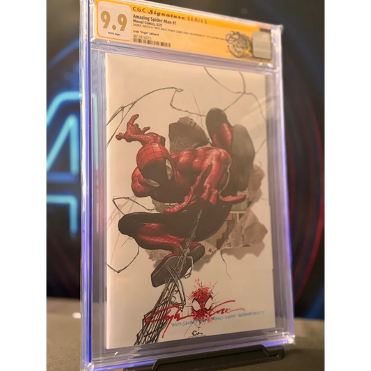 Amazing Spider-Man #1 comic featuring red and black Spider-Man encased in a clear protective CGC signature slab