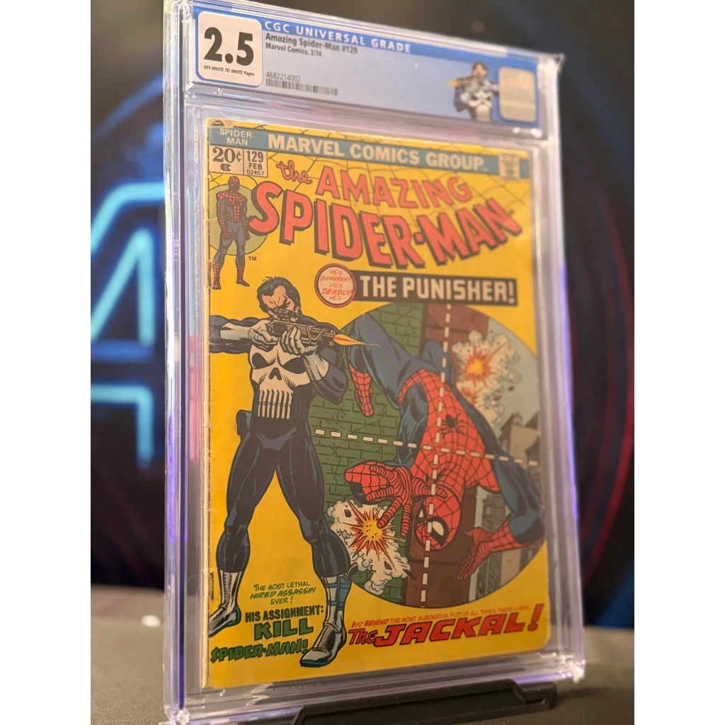 Amazing Spider-Man #129 comic book graded 2.5 by CGC featuring Punisher aiming at Spider-Man on vibrant glossy cover