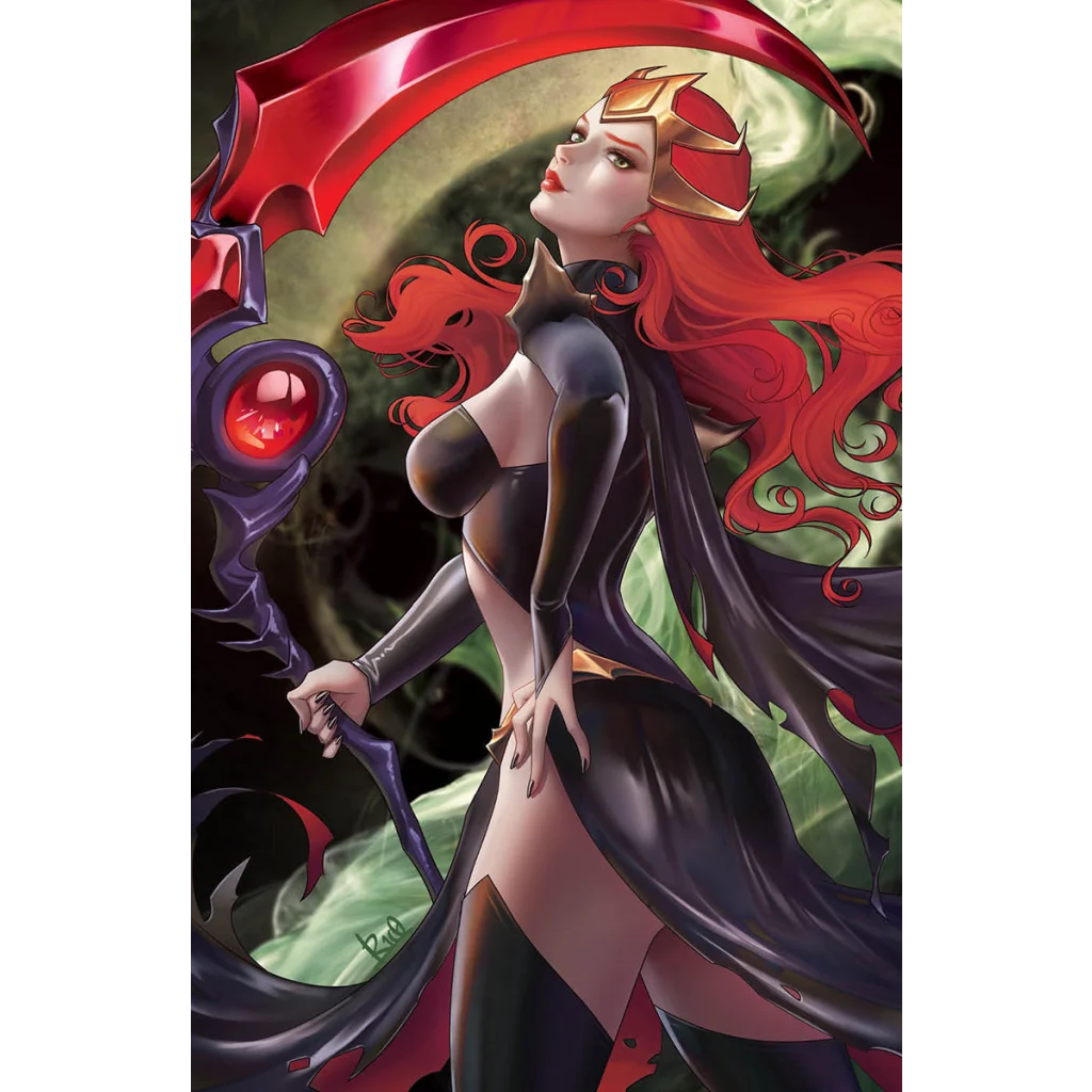 Woman with red hair in black and gold outfit holding epic scythe from Amazing Spider-Man comics R1C0