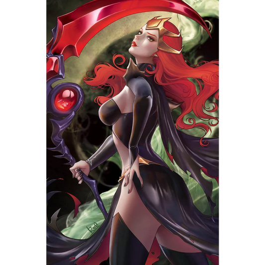 Woman with red hair in black and gold outfit holding epic scythe from Amazing Spider-Man comics R1C0