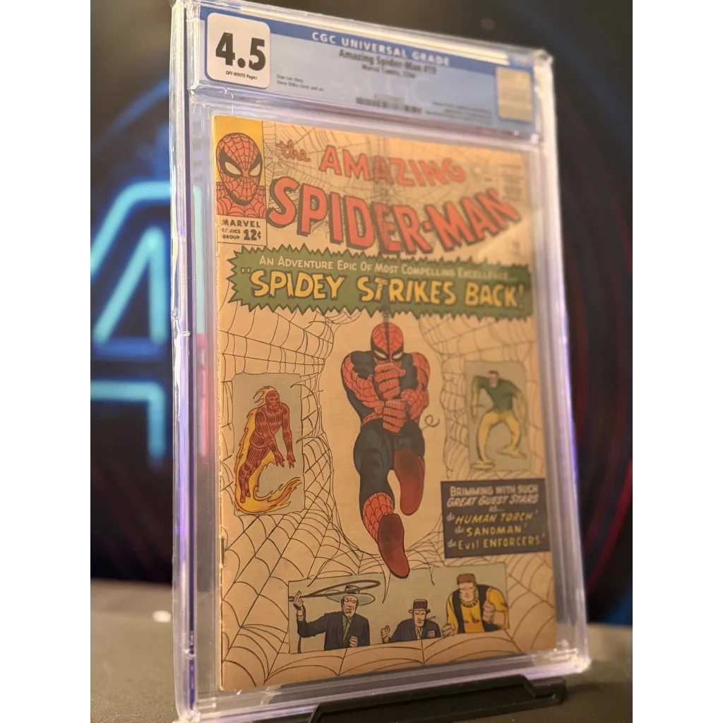 A vintage amazing spider-man comic book issue 17 from 1964 in a clear cgc protective slab graded 4.5 with red blue costume cover