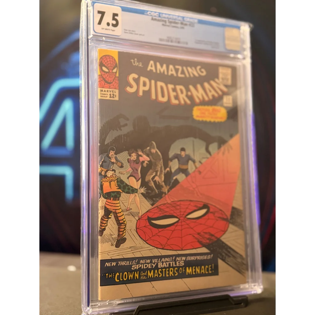 A vintage amazing spider-man #22 comic book with iconic red and blue cover graded 7.5 in a clear protective slab