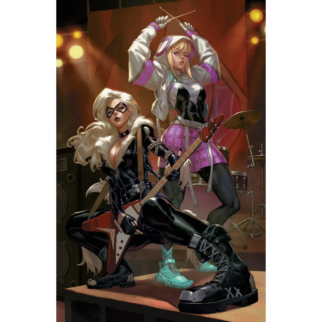 Black cat in leather outfit with white hair, cat-eye mask, guitar on Amazing Spider-Man #25 Ejikure exclusive virgin variant cover