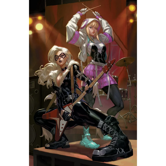 Black cat in leather outfit with white hair, cat-eye mask, guitar on Amazing Spider-Man #25 Ejikure exclusive virgin variant cover