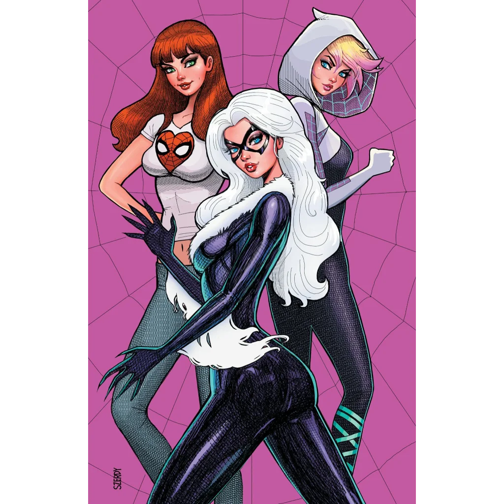 Black cat in sleek black and white costume with long white hair, Amazing Spider-Man #25 exclusive variant