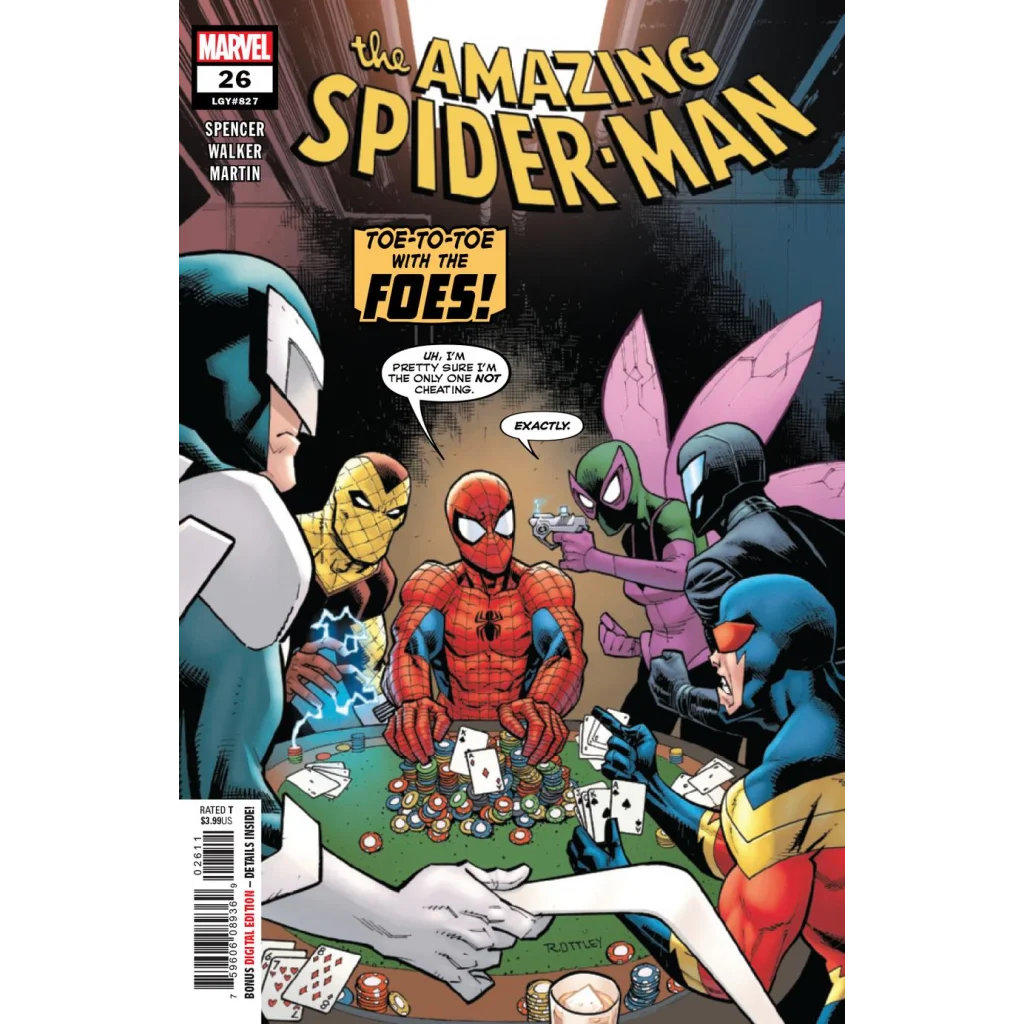 Amazing Spider-Man #26 comic cover: Spider-Man plays poker with superheroes