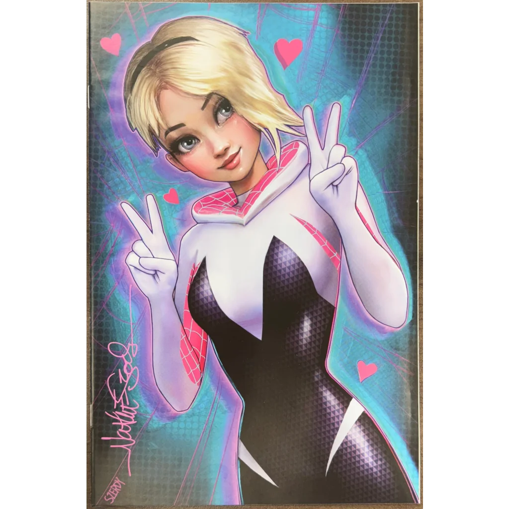 Comic book cover featuring blonde female Spider Gwen making peace signs by Nathan Szerdy