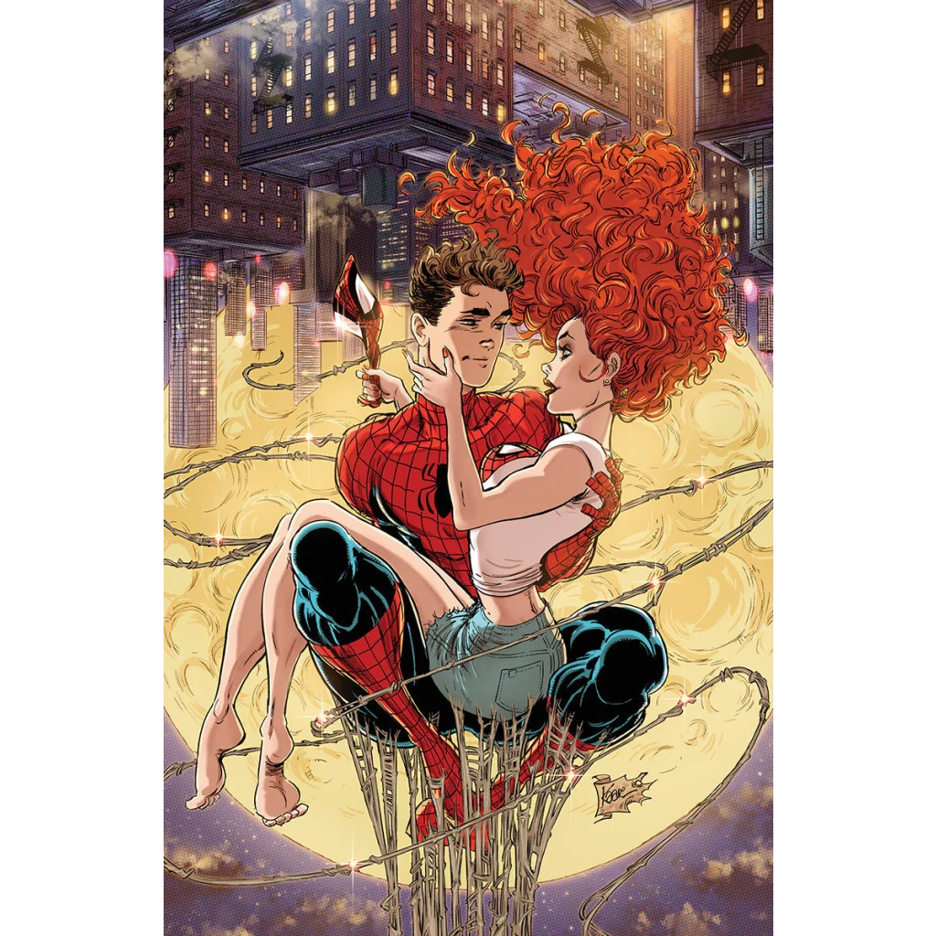 Spider-Man in red blue suit holds glowing axe embracing orange-red curly haired woman, Unknown Comics Kaare Andrews exclusive