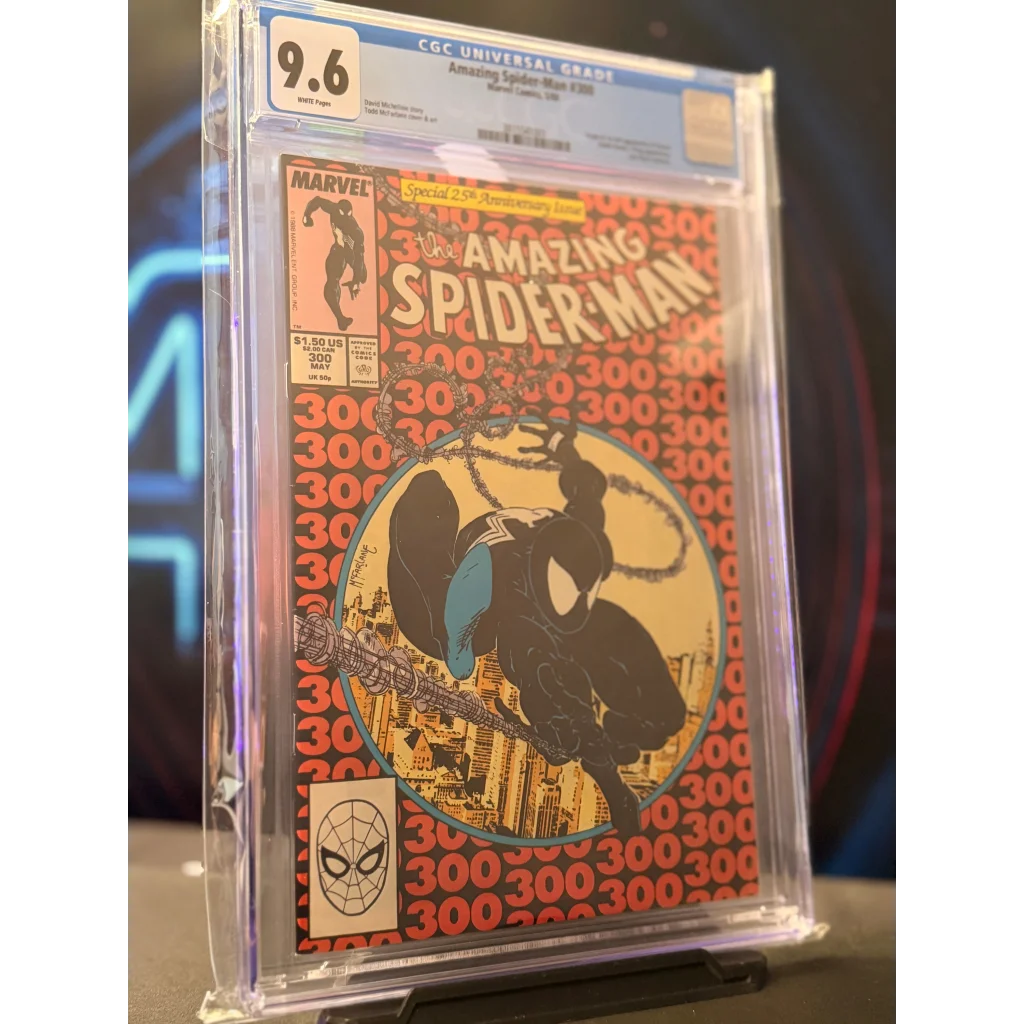 A vibrant red and yellow comic book cover of Amazing Spider-Man 300 5/88 featuring spider-man in a black suit with blue accents encased in clear protective grading